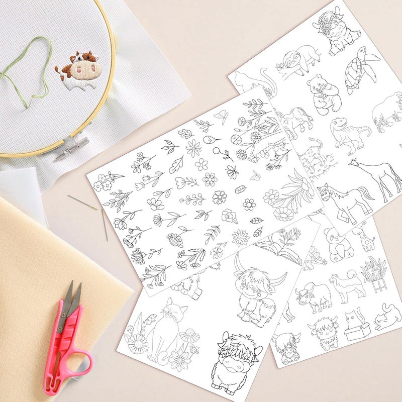 CRASHOT Water Soluble Embroidery Patterns - Stick & Stitch Embroidery Paper Wash Away, 4 Sheet Stabilizer for Embroidery, Flower Highland Cow Cat Bear Dinosaur Horse Animal Style, Hand Sewing Lover Gifts - Image 5